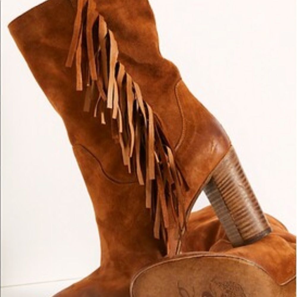 Free People Wild Rose Western Slouch Boot with Fringes Brown Suede EU 39 US 8.5